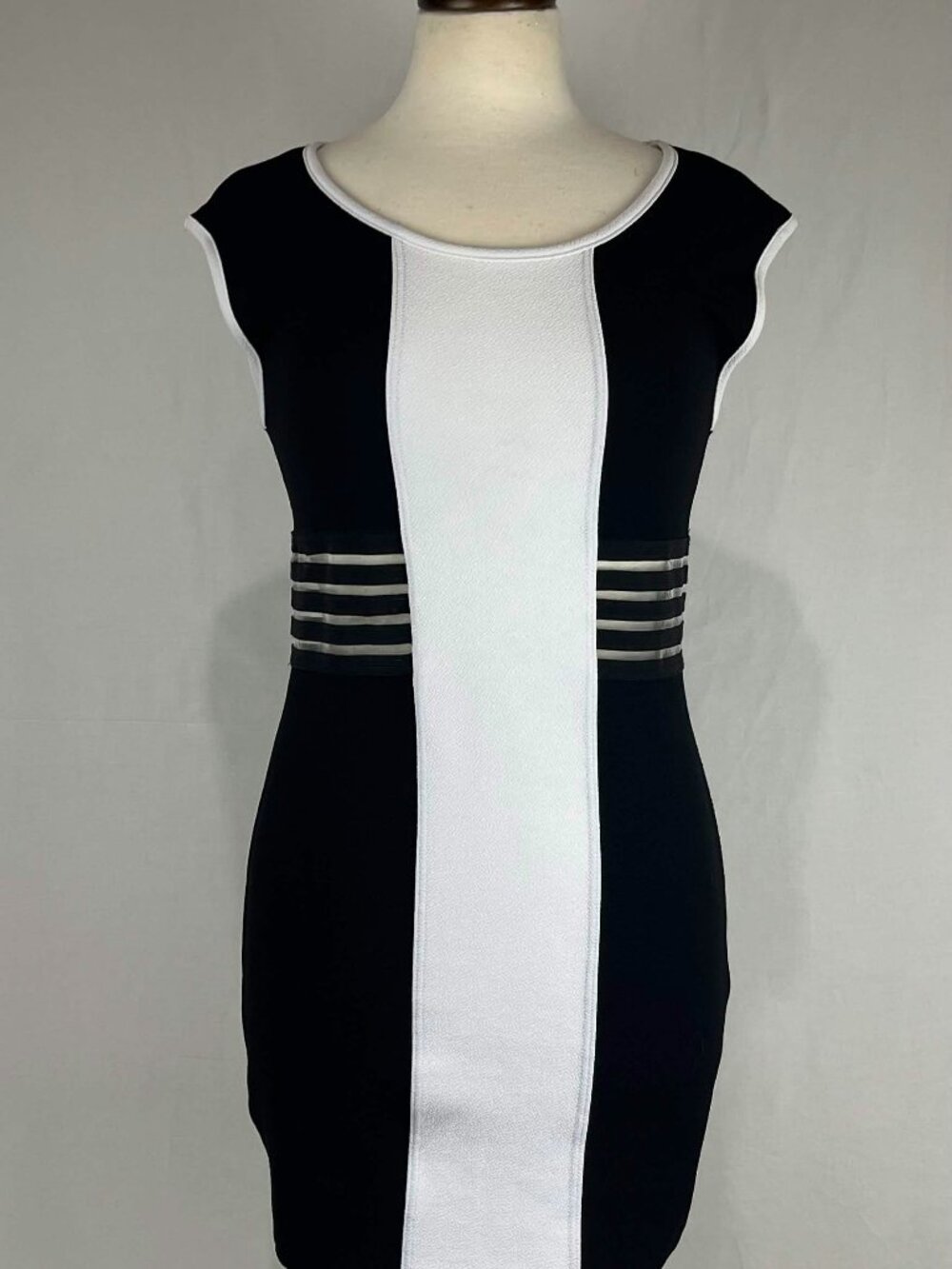 Vintage EUC San Julian Dress Womens Black White Mesh Waist Stretch Mini Size L
